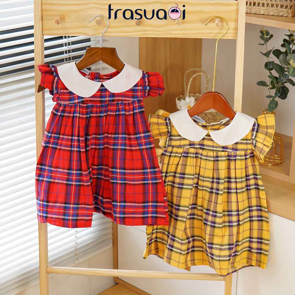 Váy cho bé, Đầm babydoll cho bé gái sọc caro, thiết kế phối cổ trắng tay bèo cao cấp - TRASUAOI D014