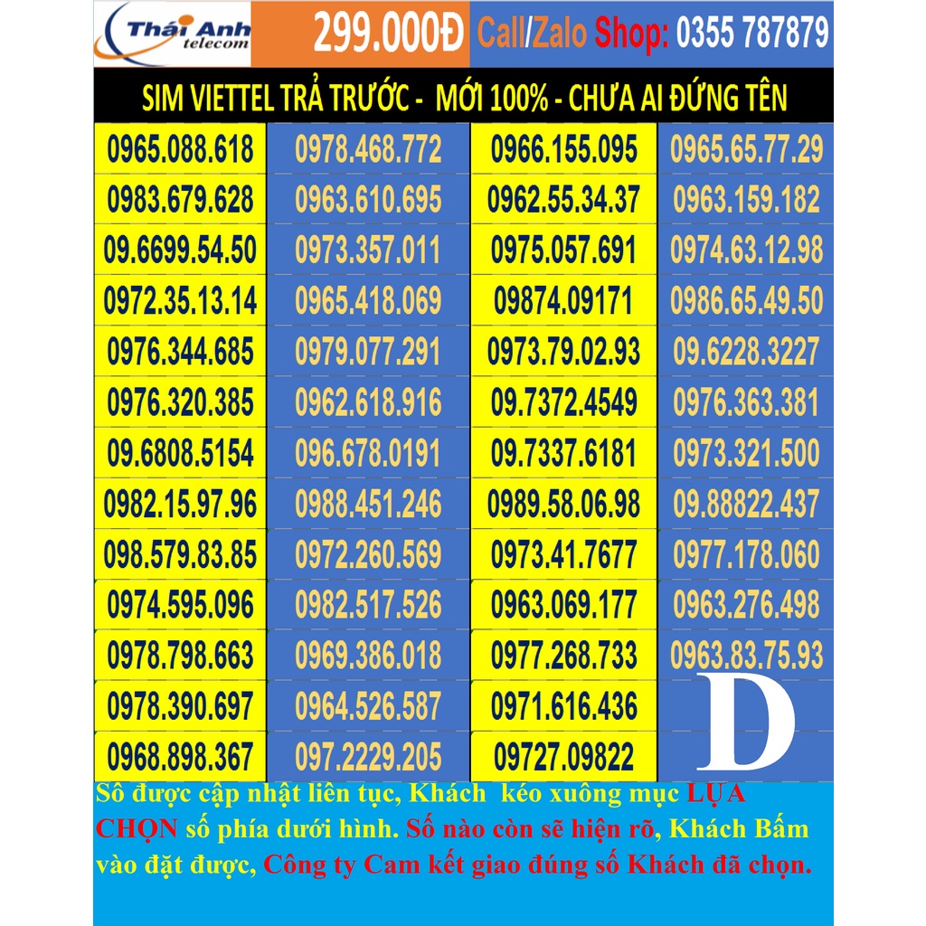Viettel 09 đẹp - Chọn số - Sim Trả TRước, 4G, nghe gọi, Toàn quốc, Sim có những gói cước 4g hấp dẫn đồng giá 299.000đ