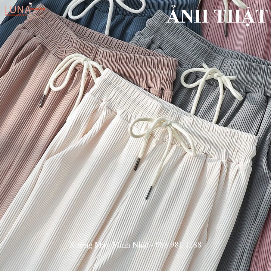 Quần ống rộng thun tăm gân cạp chun dây rút dáng quần len tăm ống rộng suông dài lưng cao vải mềm đi học chơi thể thao