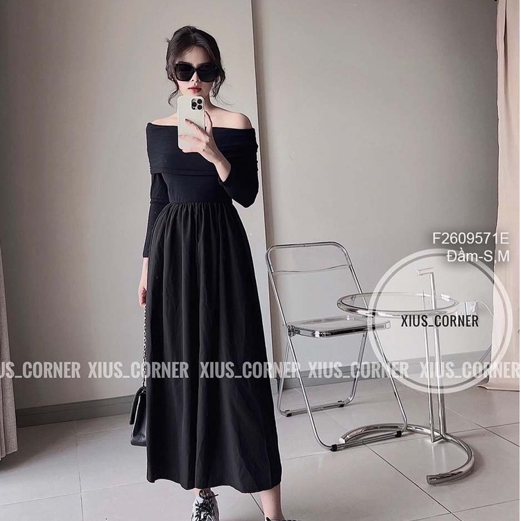 Đầm đen xòe trễ vai dáng dài siêu thời trang!