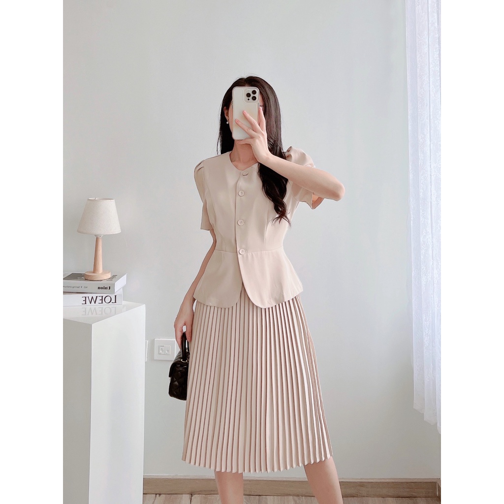 Set Váy Ký Giả Công Sở Xếp Ly Áo Cổ Đức Cài Nơ Hoa , Thiết Kế Tôn Dáng Váy Xếp Ly Sang Xịn Mịn, Bộ Đồ Công Sở