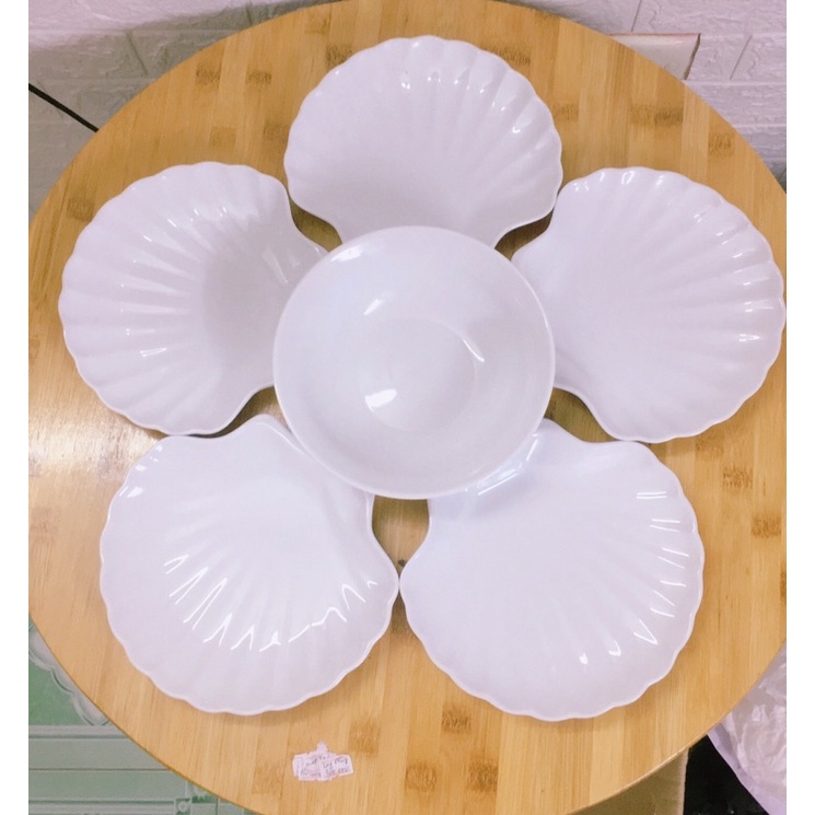 Bộ bát đĩa 6 chi tiết sứ Long Phương tạo hình hoa bày cúng gia tiên lịch sự trang nhô