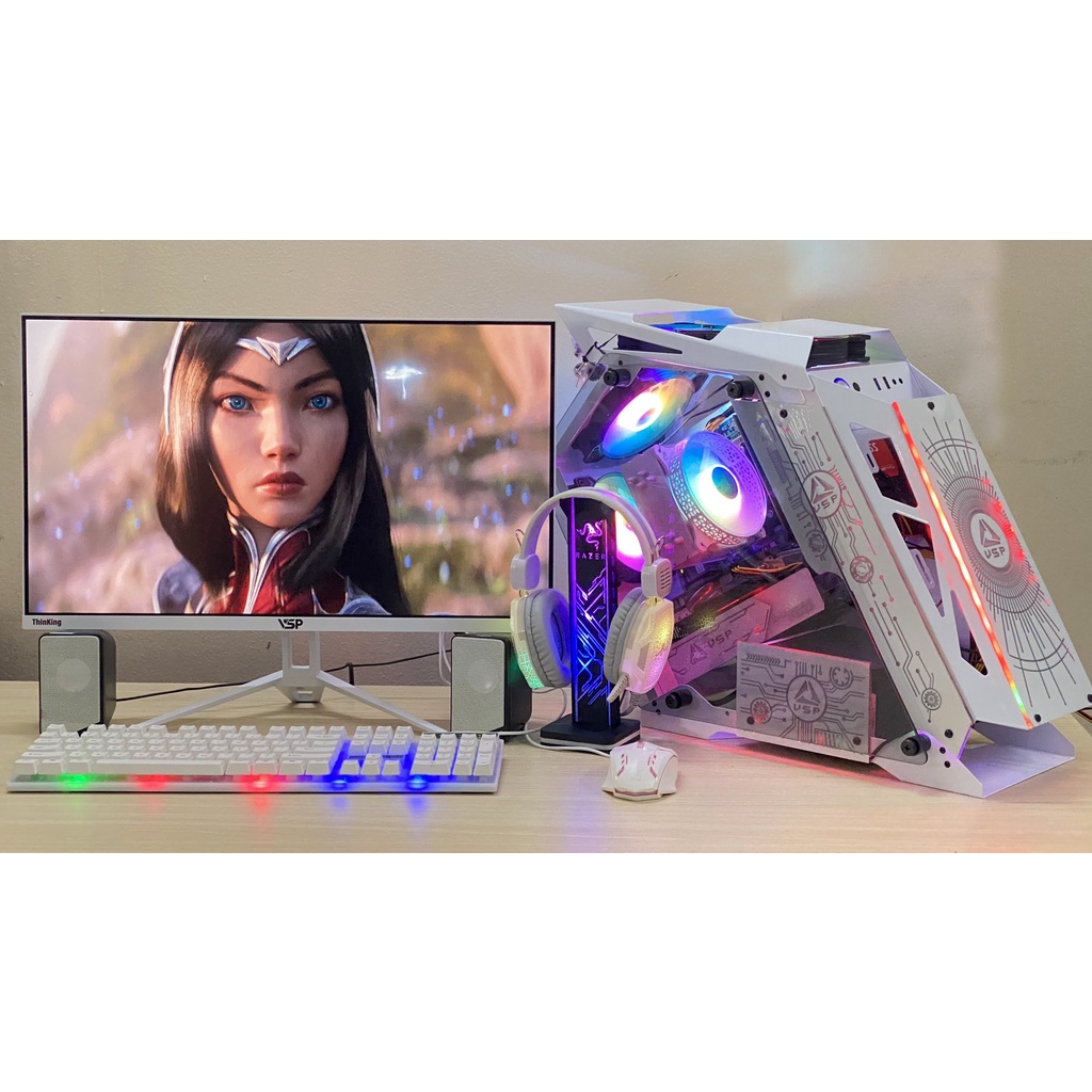 Full bộ pc gaming,  RX 570 8G màn 24" 75hz phím chuột led RGB - chiến PUBG, GTV, LOL , FO4, CSGO - Trắng Hồng Xanh Đen | BigBuy360 - bigbuy360.vn