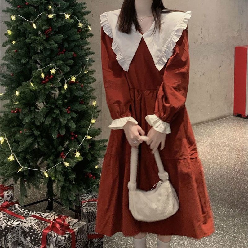Váy babydoll Đầm Tay Dài Cổ Búp Bê Màu Sắc Tương Phản Phong Cách Hàn Quốc Ngọt Ngào Thời Trang Mùa Xuân Cho Nữ
