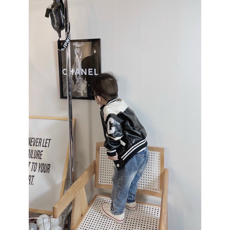 Áo khoác bé trai, bé gái, áo khoác da bomber 2 lớp dày dặn chữ C khuy bấm xịn xò cho bé 8-28kg-Bm_babyshop68