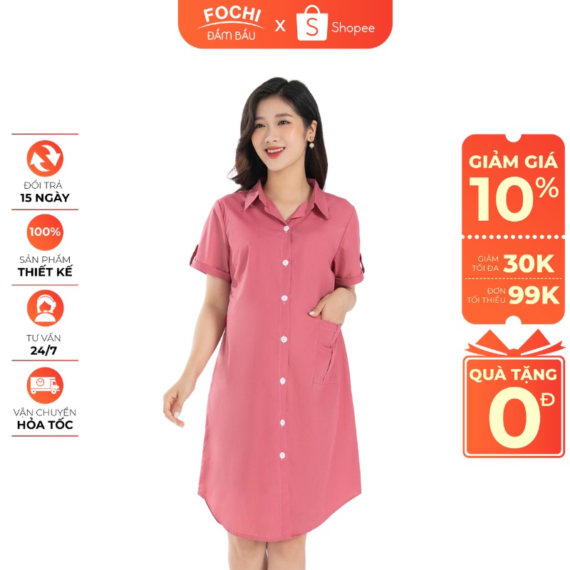 Đầm bầu công sở dáng sơ mi tay ngắn vạt bầu chất đũi chun mềm mát Fochi VC104