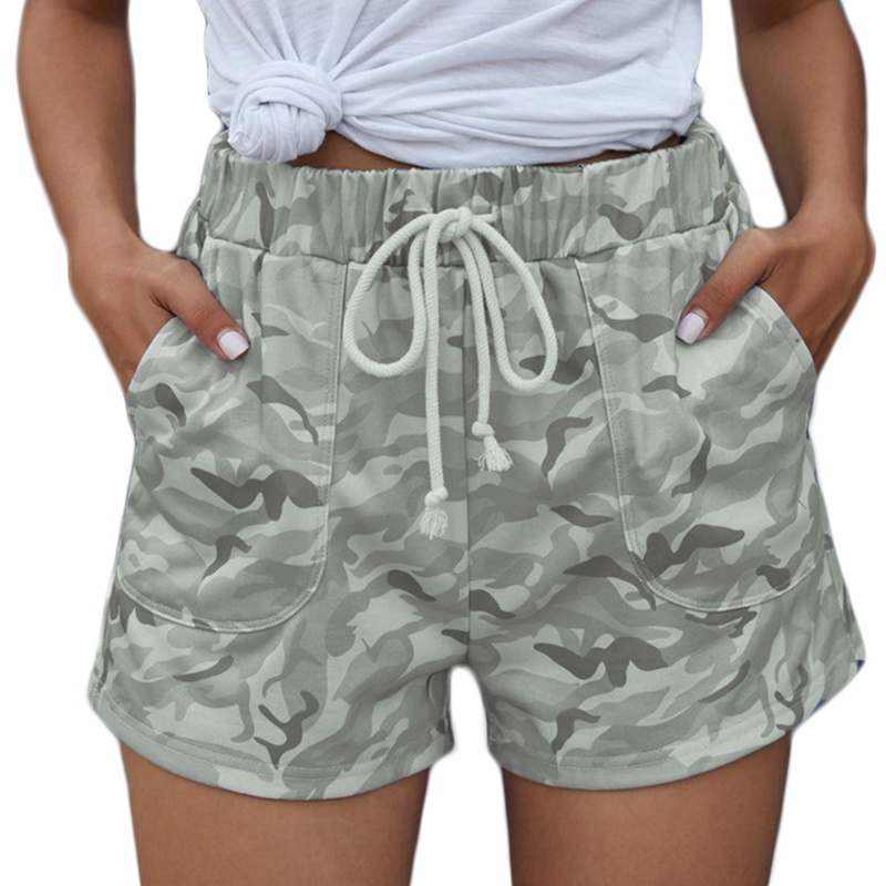 Quần Short Nữ Lưng Thun Rút Dây Họa Tiết Rằn Ri Phong Cách Vintage