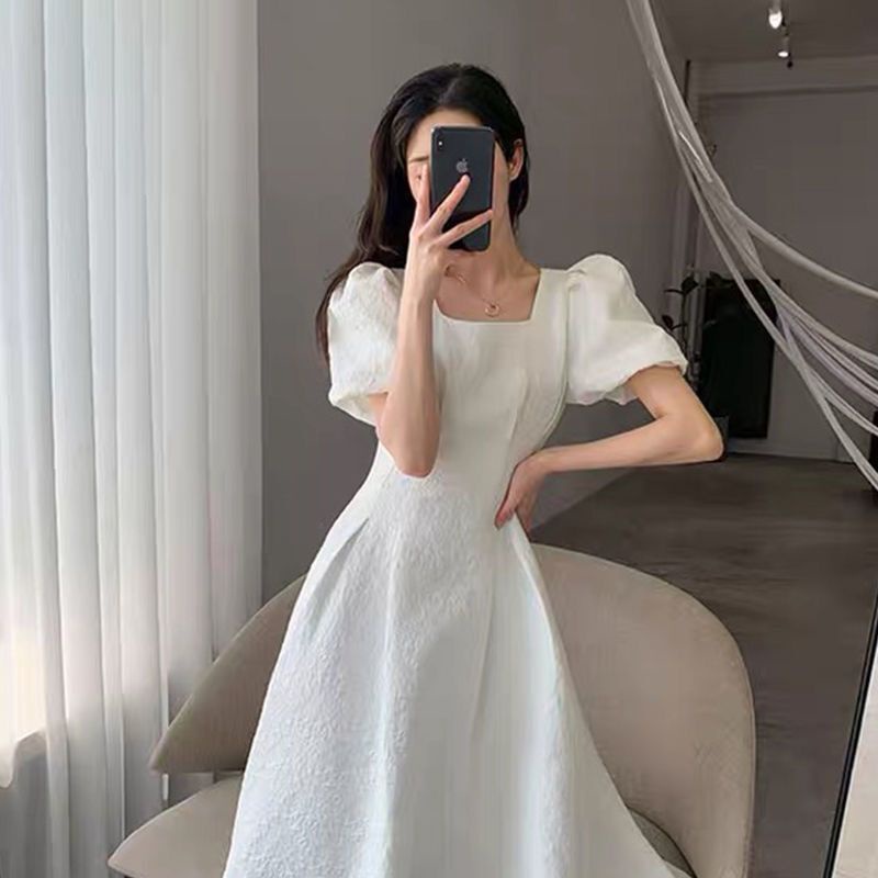 💓váy babydoll Đầm Trắng Dáng Dài Tay Phồng Cổ Chữ V Thời Trang Mùa Hè 2022 Mới Mẻ