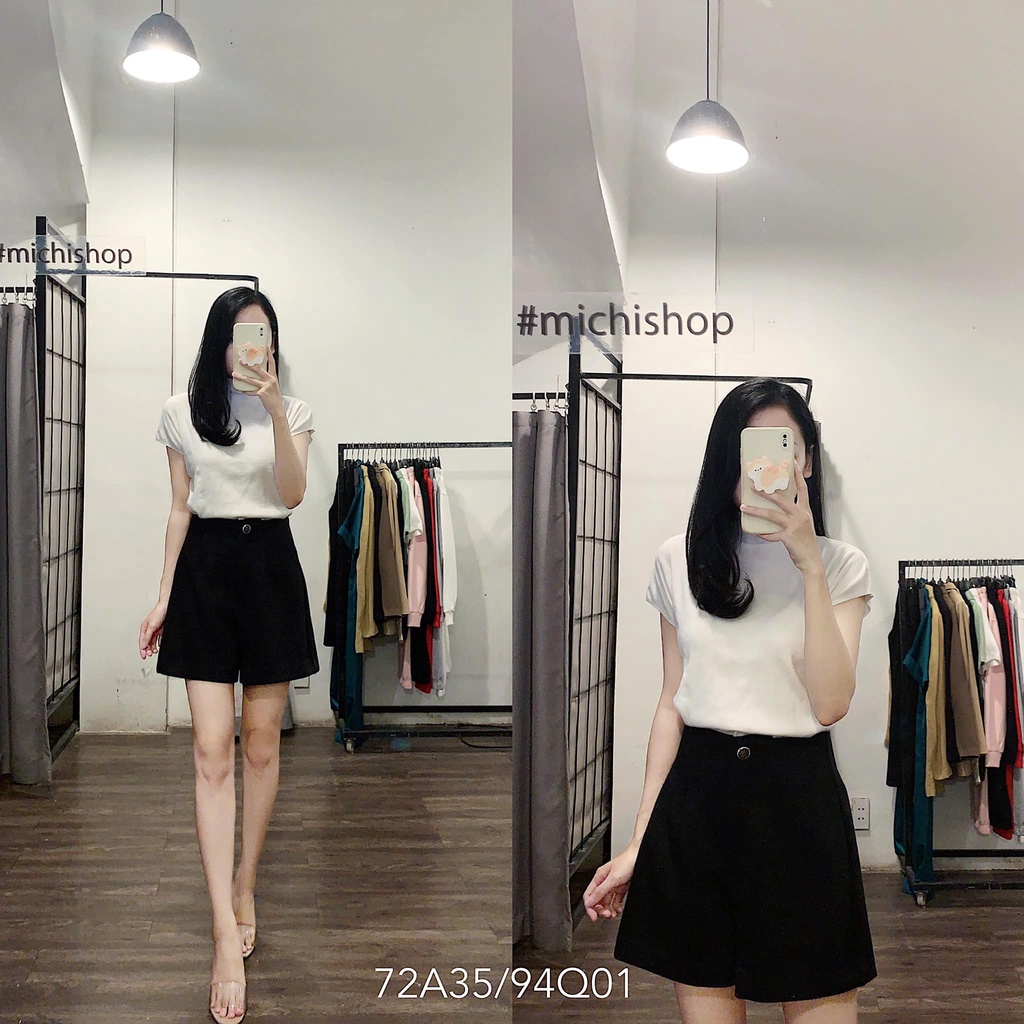 Quần short dạ lì cạp cao chiết eo màu đen - 94Q01