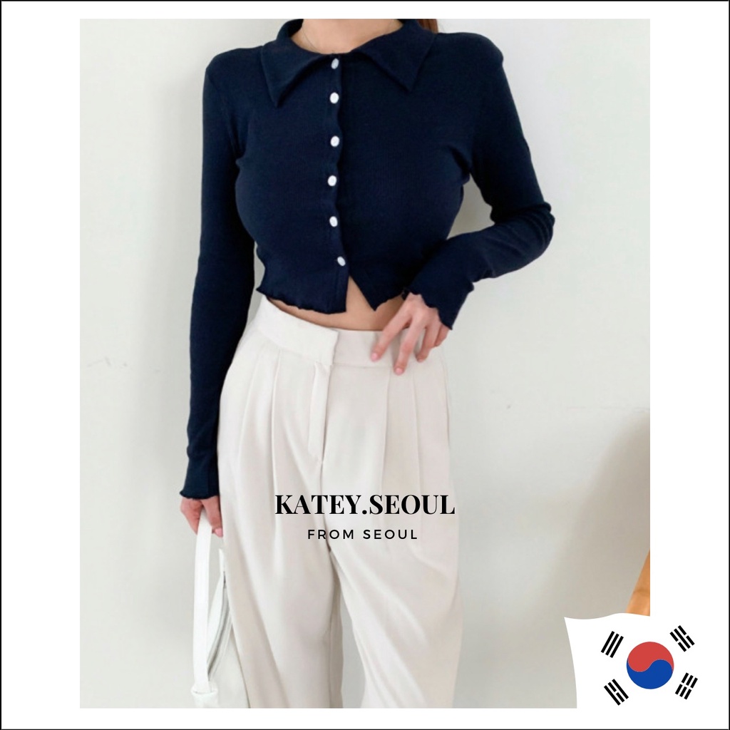 Áo thun gân cổ bẻ / Croptop / Thời Trang Hàn Quốc / Hàn Quốc