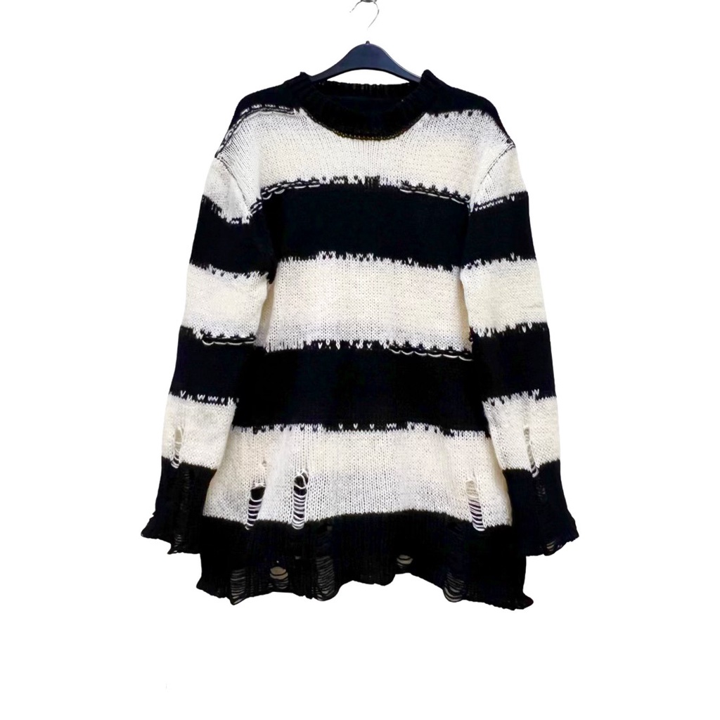 Áo Len Đen trắng Nam nữ rách sọc Ngang Design