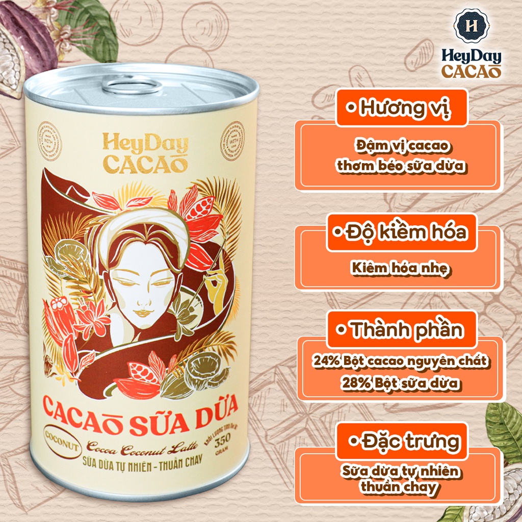 Bột cacao sữa dừa tự nhiên, thuần chay – Lon 350g – Heyday Cacao