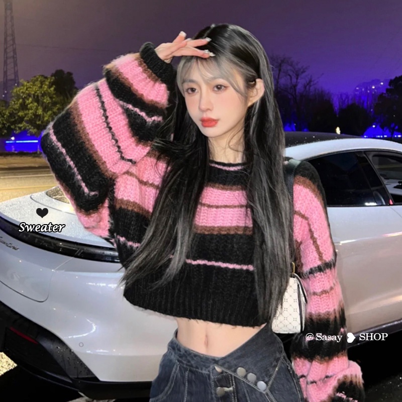 QADCOL Áo sweater Dệt Kim Tay Ngắn Dáng Rộng Họa Tiết Kẻ Sọc Thời Trang Hàn Quốc Cho Nữ