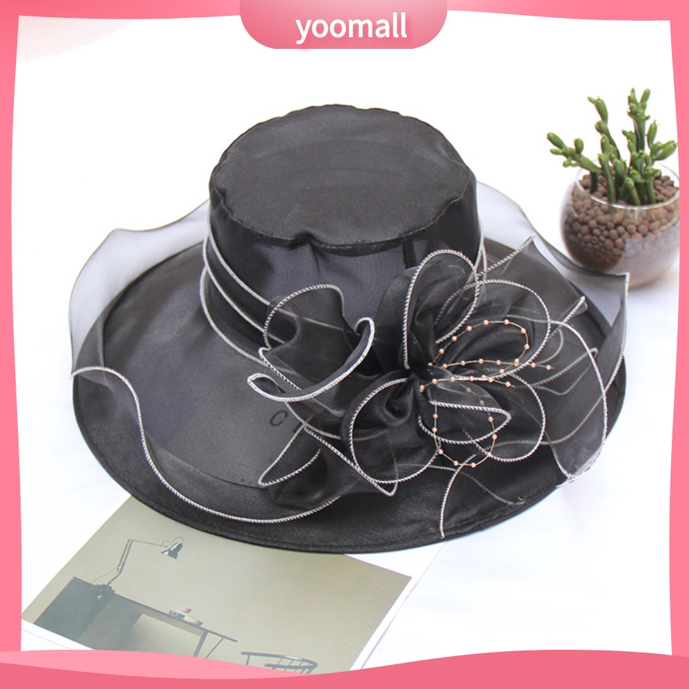 Mũ Chống Nắng Vải Organza Vành Rộng In Hoa Xinh Xắn Cho Nữ