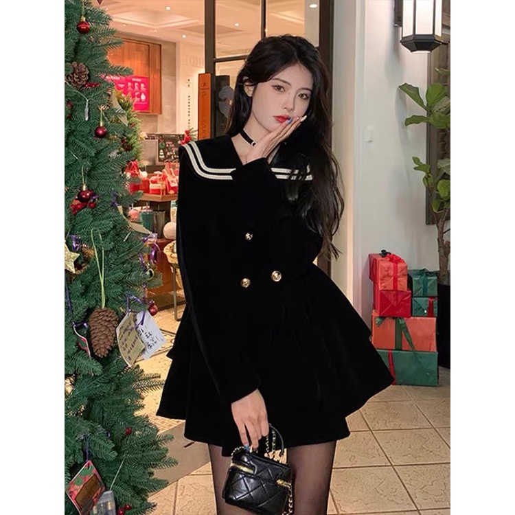 [Hàng Shop]: Váy Nhung 2 Tầng Dáng Xoè Cổ Bẻ Khuy Đồng Tay Dài