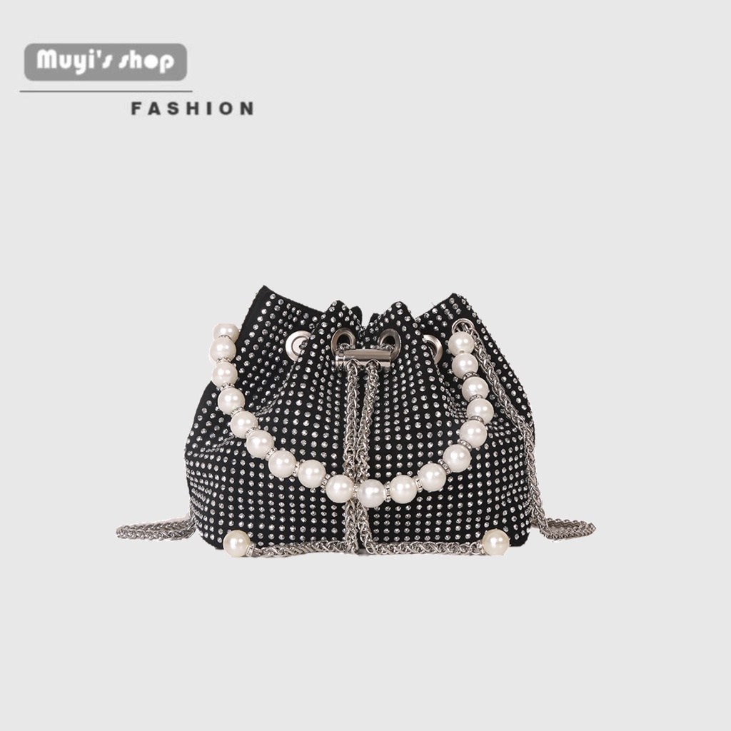 Túi Xách bucket Đeo Vai Đính Ngọc Trai Phối Dây Xích Thời Trang Sành Điệu