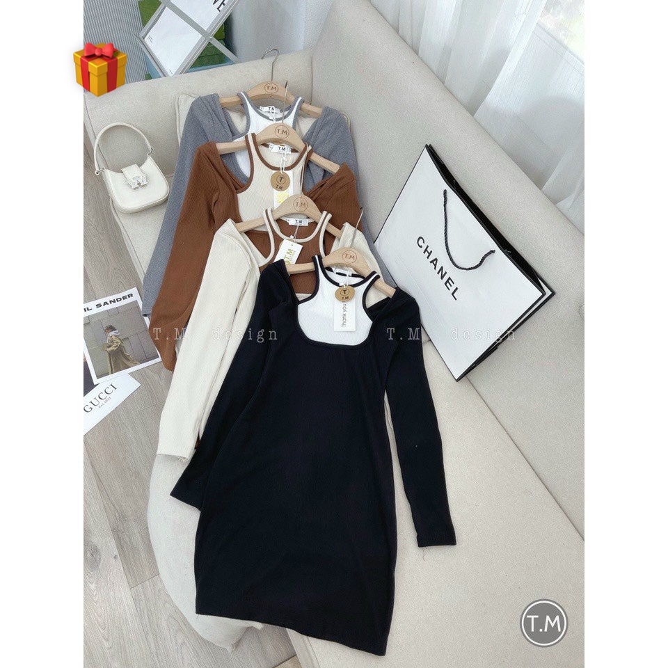 Đầm tay dài phối 2 màu kiểu yếm cổ ôm body ngắn cực sexy , chất thun gân mềm mát
