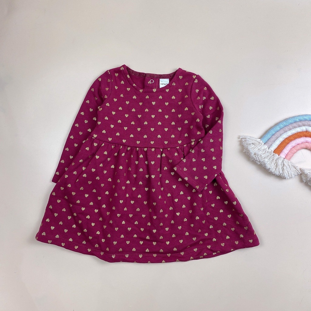 Váy nỉ bông CT màu đỏ mận hình tim nhũ vàng