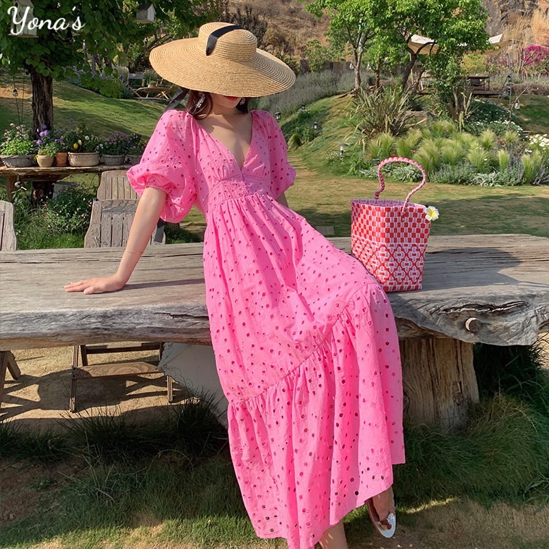Sẵn Yona’s Đầm tay phồng nhẹ nhàng đi biển thời trang nữ feelback cuối MSP D38P