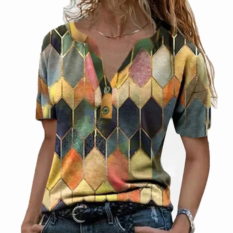 Áo Thun Ngắn Tay Cổ Chữ V Cắt Nút Họa Tiết Hình Thoi Nhiều Màu Sắc Thời Trang Mùa Hè Cho Nữ