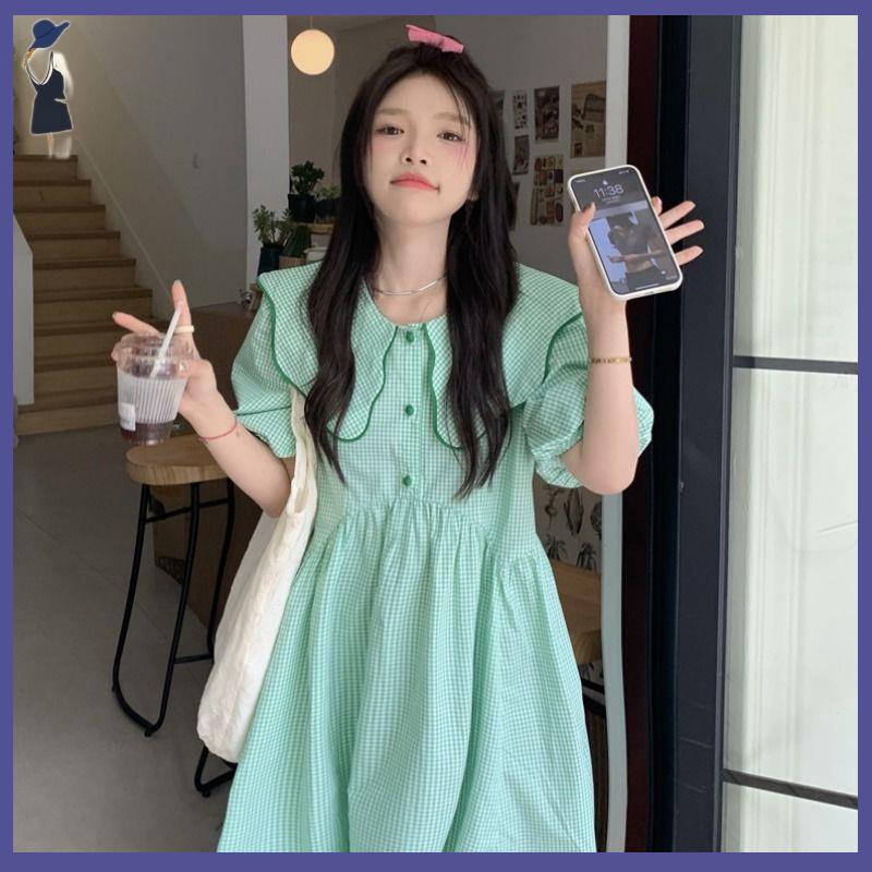 đầm babydoll Đầm Tay Phồng Cổ Búp Bê Họa Tiết Kẻ Sọc Màu Xanh Lá Thời Trang Mùa Hè 2022 Mới Dành Cho Bạn Nữ Tuổi Trung Niên