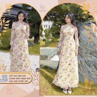 Áo dài hoa nhí hồng da đô TULEE may sẵn lụa tơ ơ 4 tà dự tiệc lễ tết đẹp sang trọng ADTL006