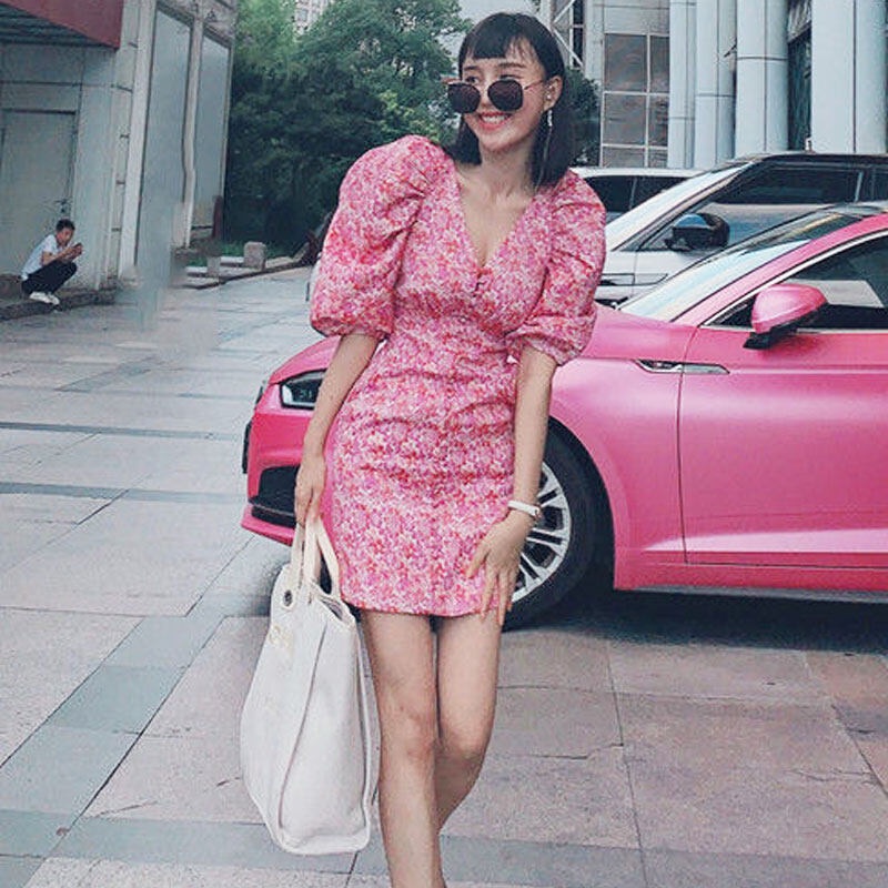 TAFON Elegant French Puff Sleeve Fashion Floral Dress