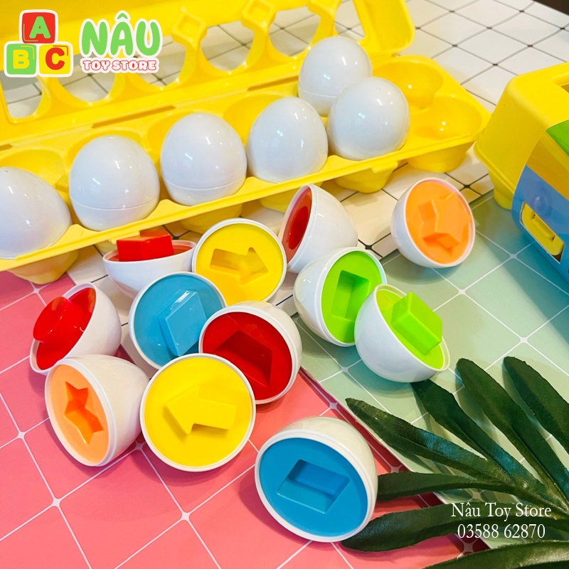 Set 12 Trứng Ghép Đôi, Trứng Ghép Hình Khối Màu Sắc Học Liệu Mầm Non