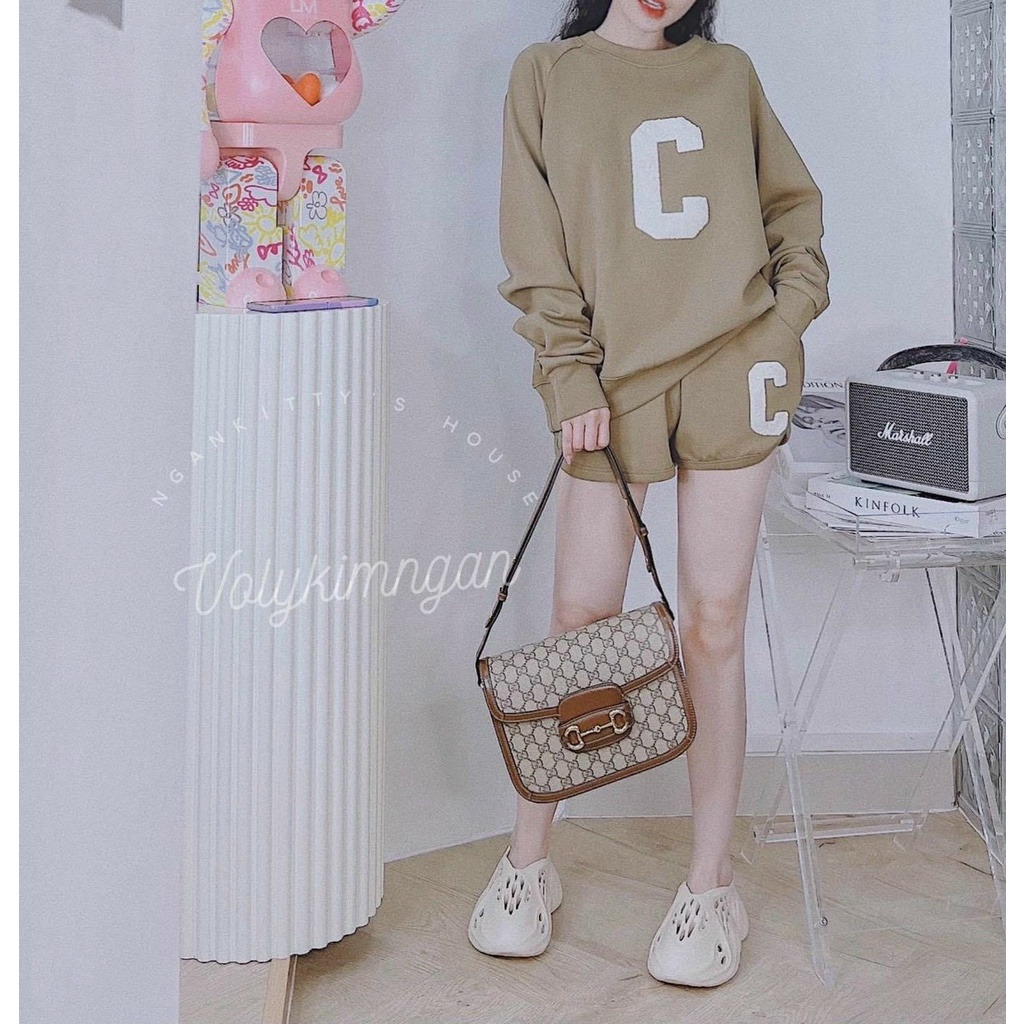 [10.10 Sales Freeship] Set bộ đùi thể thao nữ, set bộ áo tay dài in chữ C quần short đùi đi chơi cá tính, trẻ trung