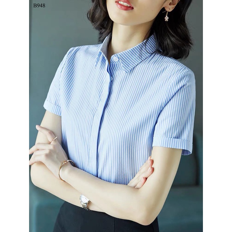 Áo Sơ Mi Tay Ngắn Nữ Lamo Design Thiết Kế Giấu Nút Kiểu Hàn Quốc Chất Liệu Sọc Cotton Mềm Thoáng Mát B948
