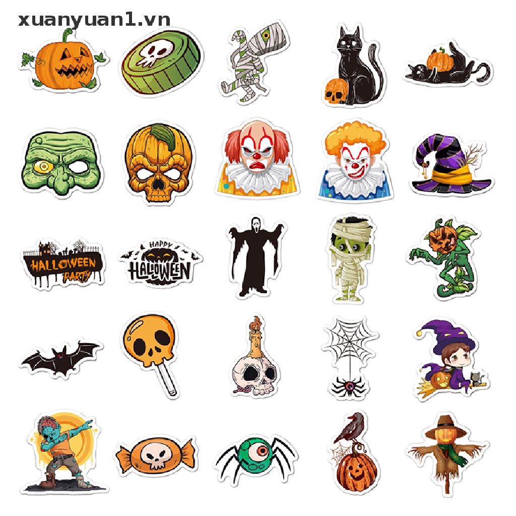 Set 50 Miếng Dán Trang Trí Laptop / Guitar / Ván Trượt Phong Cách Halloween Độc Đáo