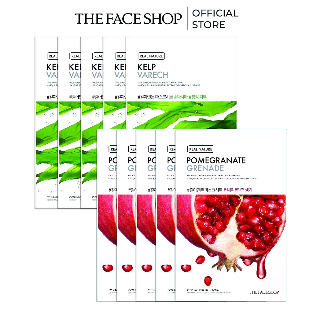 Combo 10 Mặt Nạ Dưỡng Da TheFaceShop Real Nature (rong biển,lựu) 20gx10