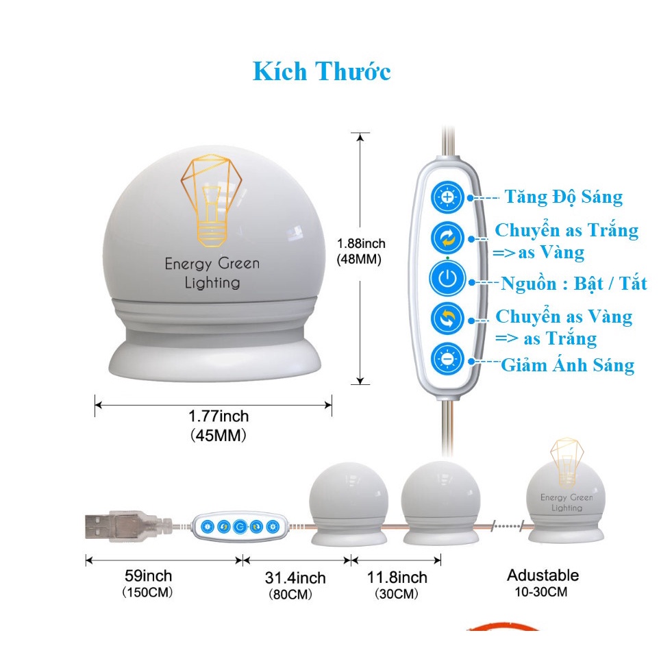 Set 10 bóng đèn LED Energy Green Lighting chiếu sáng gương trang điểm BL-030 - Dán gương tiện lợi - 5 chế độ sáng