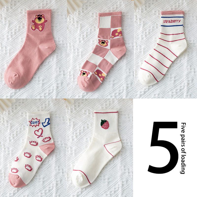 Vớ Dài Trung Bình In Họa Tiết Dâu Tây / Gấu Hoạt Hình Dễ Thương Thời Trang Mùa Đông Nhật Hàn Cho Nữ