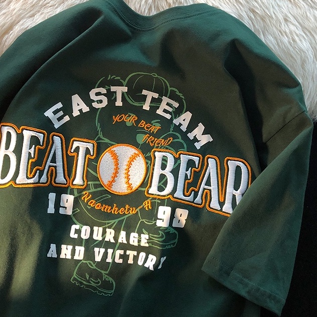 Áo Thun Tay Ngắn Form Rộng Họa Tiết Thêu Hình Gấu Theo Phong Cách Retro Mỹ