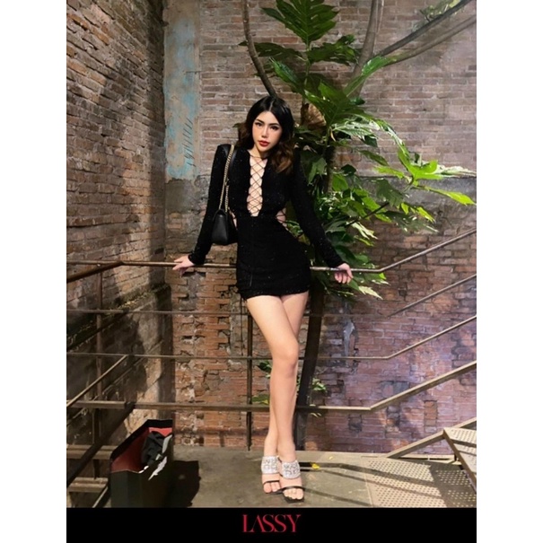 Đầm body ngắn đen nhũ tay dài đan dây ngực eo Đầm váy đi chơi dự tiệc sang trọng party sinh nhật hotgirl tk sexy