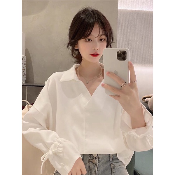 Áo Sơ Mi Tay Dài Phối Dây Rút Thiết Kế Mới Trẻ Trung Cá Tính Dành Cho Nữ