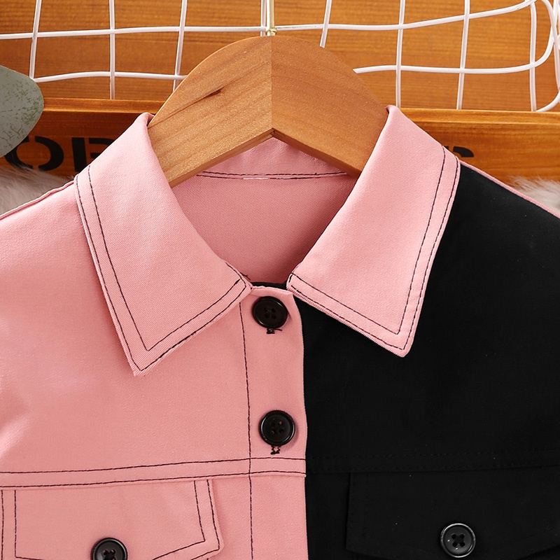 Áo khoác SIYYIS dáng ngắn tay dài cài nút phối màu đen/ hồng thời trang Hàn Quốc cho bé gái 8-12 tuổi