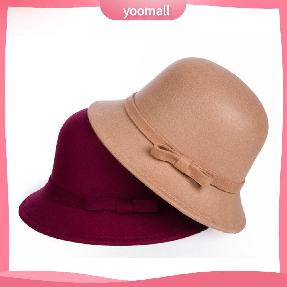 Yomall♡ Mũ Bowler Len Lông Cừu Màu Trơn Đính Nơ Thời Trang Thu Đông Cho Phái Nữ
