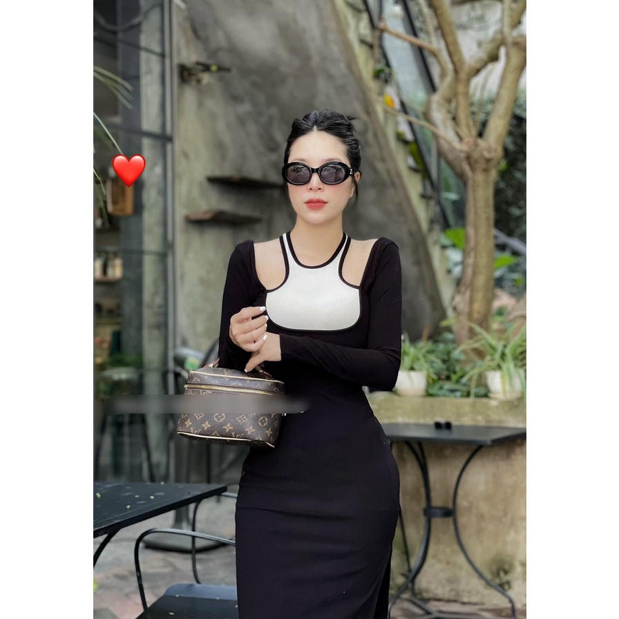 Đầm tay dài phối yếm bản cổ 2 màu ôm body khoét hở vai cực xinh , chất thun gân mềm mịn
