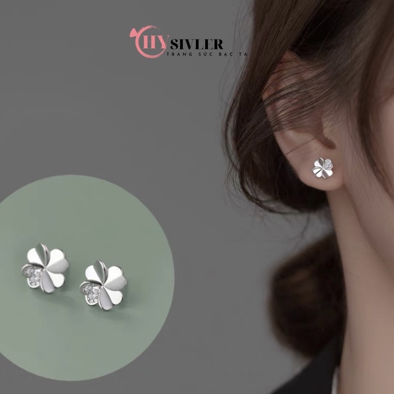 Bông tai bạc ta cỏ 4 lá may mắn đính đá bông tai hoa 4 cánh bông tai nữ bạc thật giá rẻ CHY SILVER