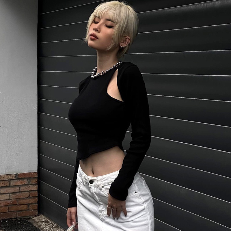 Áo Thun Crop Top Tay Dài Màu Trơn Cổ Tròn Cắt Xẻ Đường Phố Cho Nữ