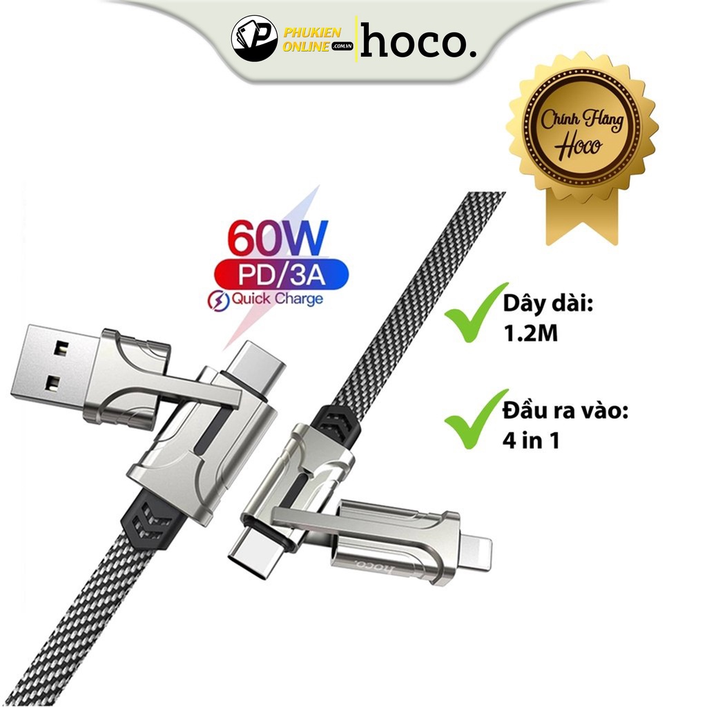 Cáp Sạc Đa Năng 4 in 1 Hoco S22, Kết Cấu Gọn Nhẹ, Vật Liệu Cao Cấp Bền Bỉ, Truyền Tải Ổn Định, Tiện Lợi, Dài 1.2M.