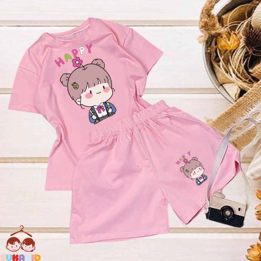 Đồ bộ ngắn tay bộ bé gái hinh bé gái happy cành hoa cho be từ 6kg-29kg.BDBG62.