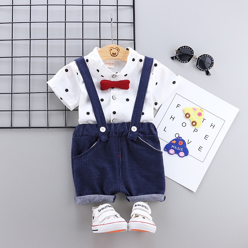Set Đồ Mùa Hè Gồm Áo Sơ Mi Chấm Bi + Quần Ngắn Yếm Thanh Lịch Cho Bé Trai 1-4 Tuổi
