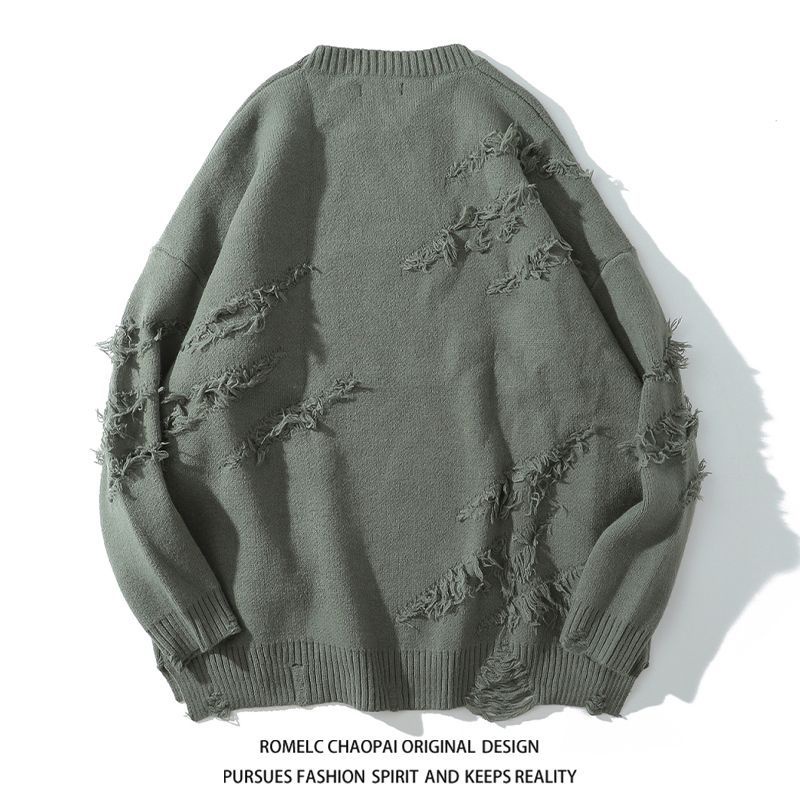 Áo Sweater Cổ Tròn Dáng Rộng Phối Rách Kiểu Hồng Kông Thời Trang Thu Đông Cho Các Cặp Đôi