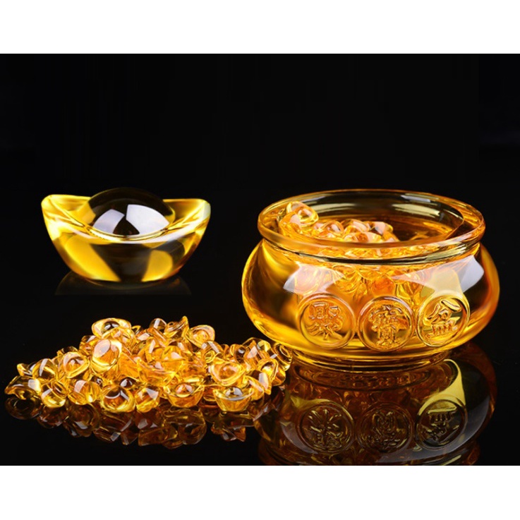 Hũ Vàng Thần Tài Pha Lê (Cỡ Nhỏ 6cm), Tụ Bảo Bồn Lưu Ly, Chiêu Lộc Tụ Tài -- Vật Phẩm Phong Thủy