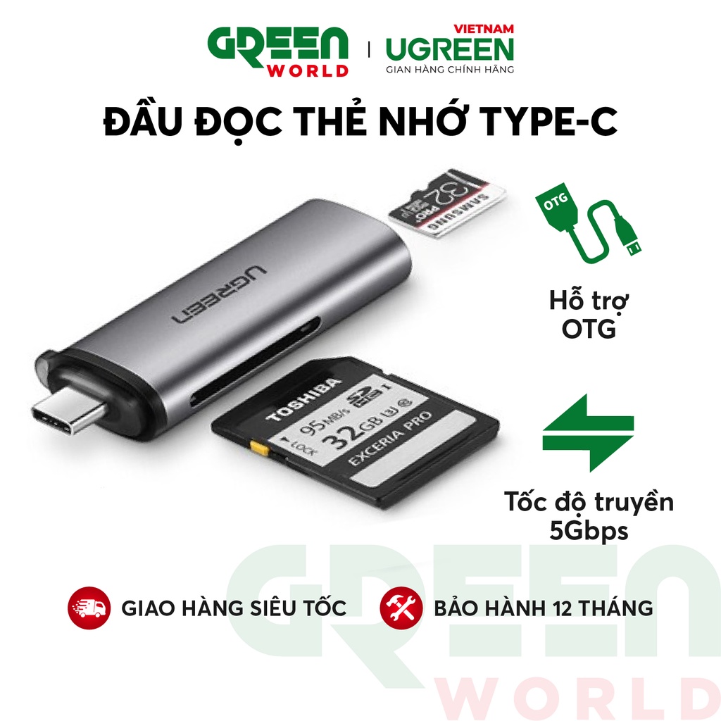 Đầu đọc thẻ USB type C với 2 khe thẻ cắm SD và OTG UGREEN CM184 CM185