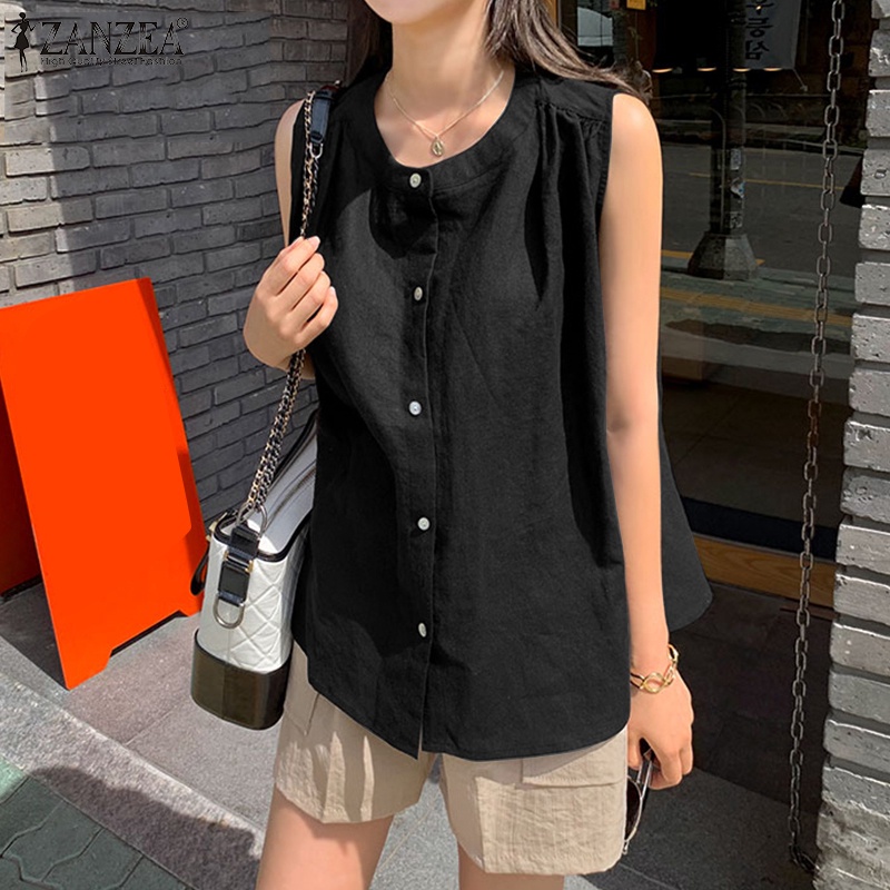 Áo kiểu ZANZEA cộc tay cổ tròn dáng suông cài nút phía trước cho nữ