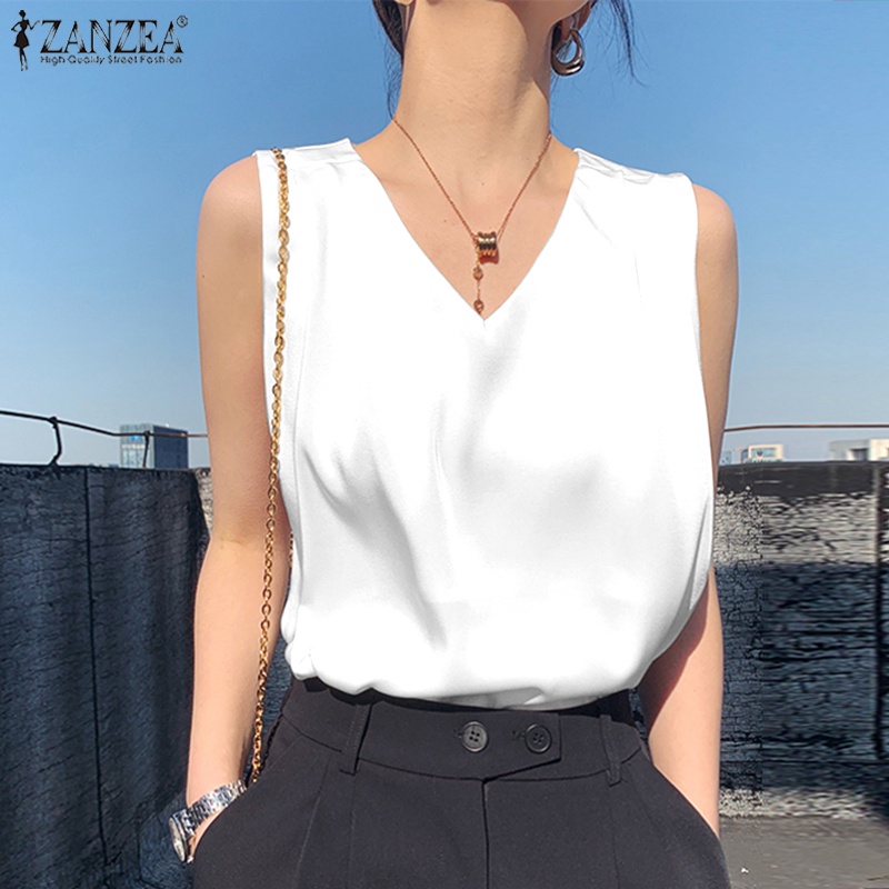 Áo kiểu ZANZEA satin không tay cổ chữ V thời trang dành cho nữ